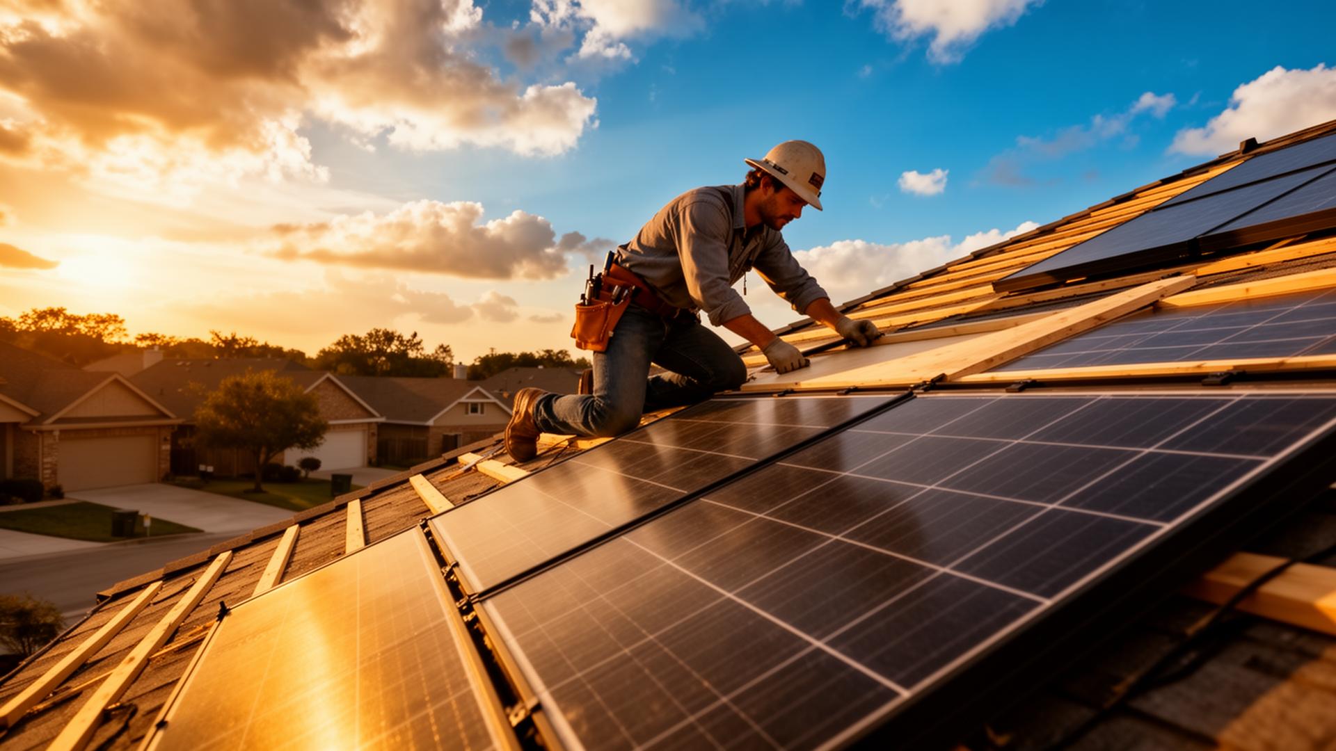 Construction worker installing solar screens on a Texas rooftop